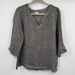 Pure Jill Linen Tunic Top 3/4 Sleeve V Neck Brown White Textured Medium